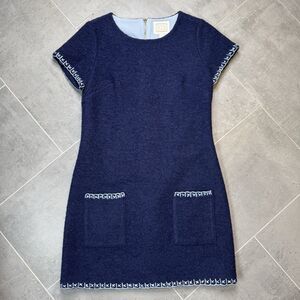 STS Sail to Sable Dark Blue Tweed Wool Blend Shift Dress Size 8 Short Sleeve